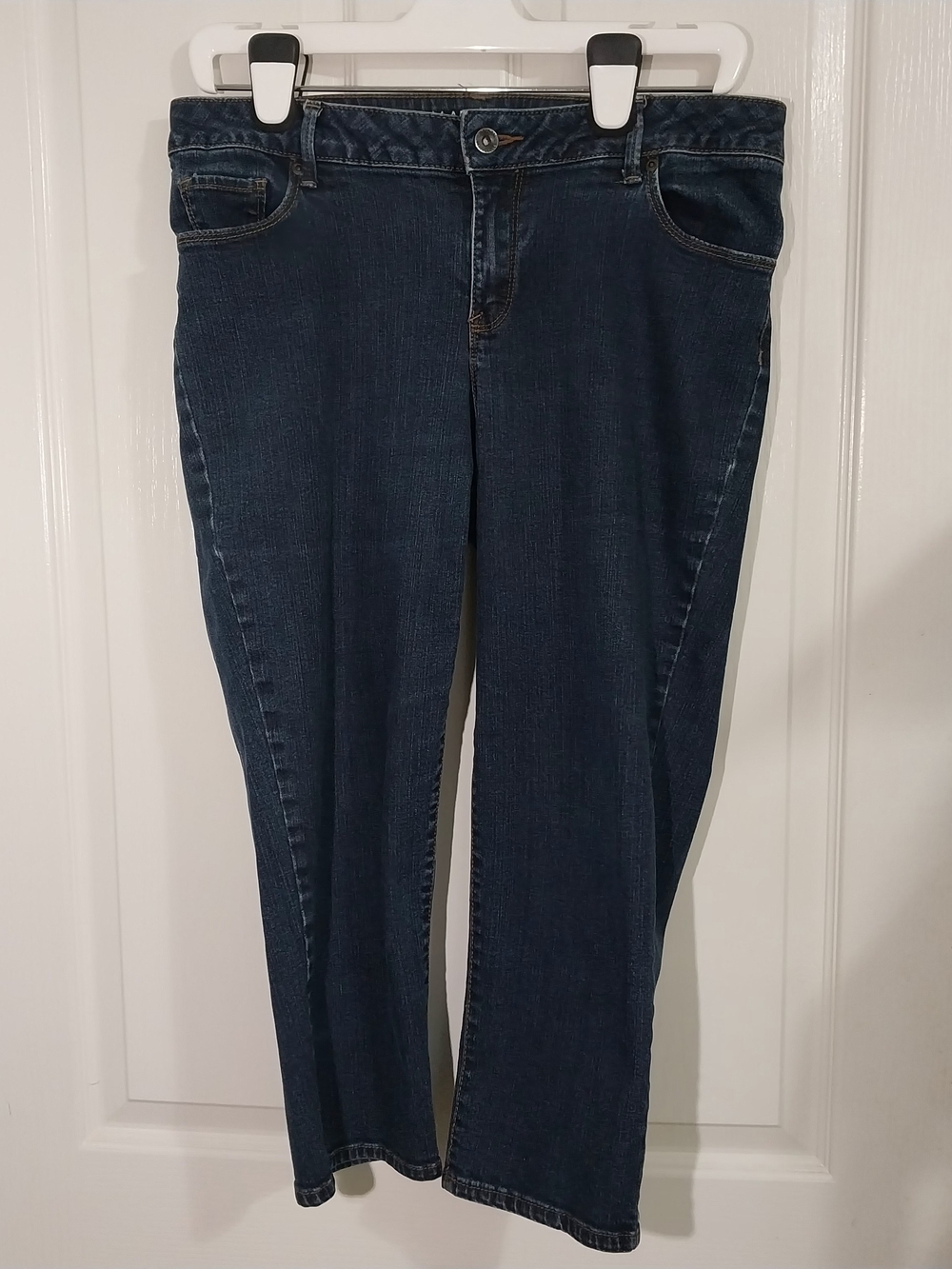 Women's Dark Blue Stretch Cropped Jeans - Comfortable Mid-Rise Sz. 10